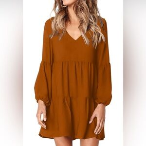 Amoretu Dress V Neck Swing Shift Dress in Caramel - Size S